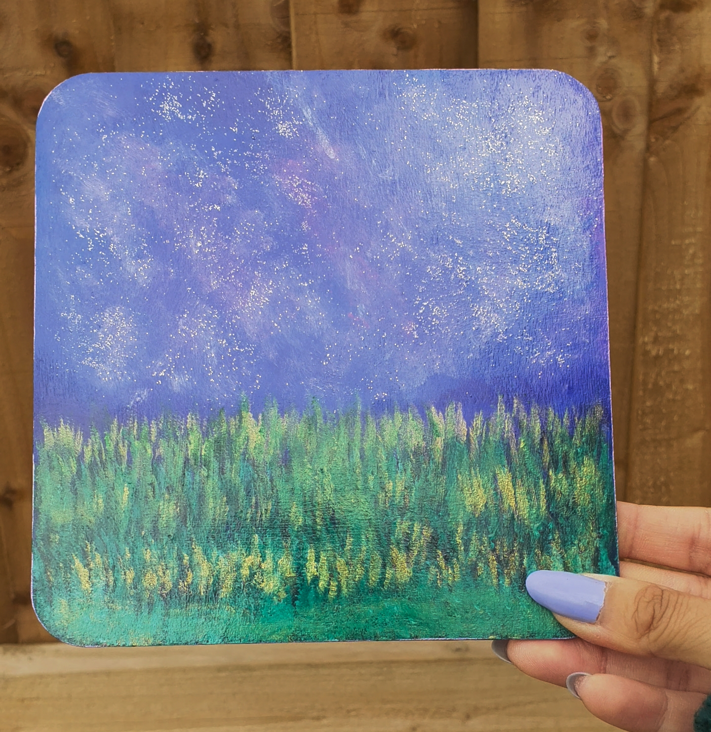 Midnight sky in a field - Wooden Painting